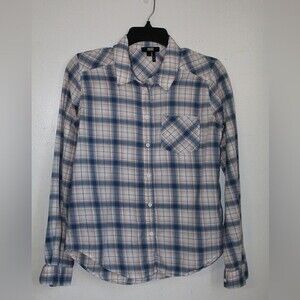 Paige White Pink Blue Plaid Button Down Long Sleeve Top